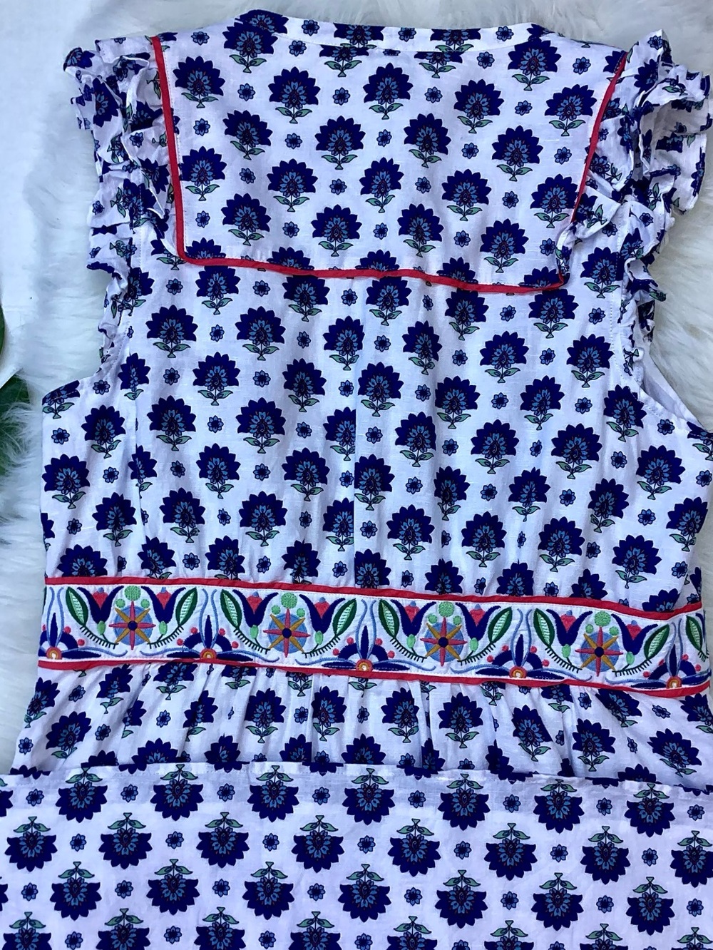 Boden Linen Cotton Frill Embroidered Midi Dress w/ POCKETS Blue & White 12 - Picture 8 of 10